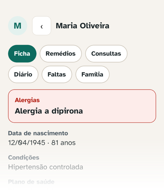 Ficha da pessoa cuidada no app.