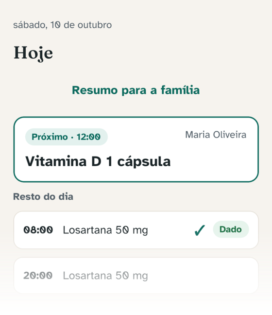 Tela Hoje com os remédios do dia.
